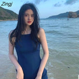 Dress Women Pure Color Fashion Vacation French Style Beach Loose Simple Spaghetti Comfortable Strap High Waist