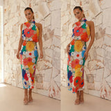 Zingj Years Holiday Style Fashion Print Hanging Neck Sleeveless Waist