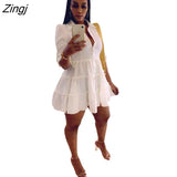 Women Casual Lapel Collar Mini Dress Casual Solid Pleated Puff Sleeve Button Up Ruffled Hem Shirt Dresses Bohemian