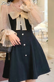 Elegant Mini Party Dress for Women Casual Lace Long Sleeve Dresses Bow Sexy One Piece Dress Korean Black Autumn 2023