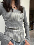Ribbed Patchwork V Neck Slim Long Sleeve Knit- Outfit