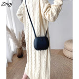 2023 Fashion Autumn Winter Knit Long Dress Women Korean Style White Black Stripe Loose Thick Warm Long Sleeve