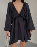 New V-Necked Long-Sleeved Dress Independent Design Bubble Sleeve