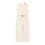New With Belt Cuffless Sleeveless Fande Dress