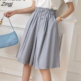 Fashion 2021 Summer Korean Style Cotton Wide Leg Capris Women Short Pants High Elastic Bud Waist Shorts Skirts