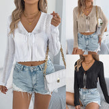Early Autumn Casual Tying With Hollow Long-Sleeved Knitted Shirt Jacket Women's
