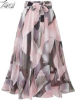 floral print chiffon skirts women Sprint Summer korean A line Pink streetwear high waist ladies midi