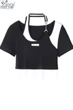 Patchwork T Shirt Women Y2k Style Crop Top O-neck Tshirt Streetwear Slim Sexy Hollow Out Irregular Short Sleeve
