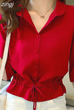 Women Solid Turn-down Collar Half Sleeve Chiffon Shirt Fashion Casual Shirring Single-breasted Blouses Female