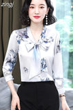 Silk Blouses Women Satin Print Blouse Women Long Sleeve Shirts Woman V-neck Silk Blouses Ladies Floral Blouse for