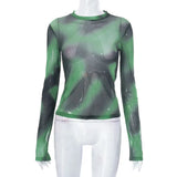 New Sweet And Cool Gradient Dizzying Mesh Printing Micro-Permeable Long-Sleeved Top