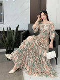 Early Autumn Collared Flakes And Snowflake Cake Skirt Seven-Sleeved Luxury