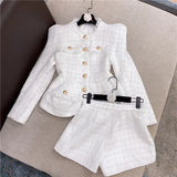 New Autumn And Winter Small Fragrant White Bright Silk Coarse Flowers Jacket Shorts Set Two