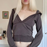 Y2K Vintage Deep V Patchwork Cropped Brown Hoodies 90s Streetwear Big Pocket Trim Solid Long Sleeve Pullovers Fall Slim 211-1-Outfit