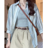 Cotton Striped Sunscreen Shirt Coat Women's Summer Thin Linen Cardigan Seven-Sleeve Shirt On The