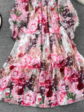 Vintage Women Floral Chiffon Midi Dress Elegant Ruffle Stand Collar Lantern Long Sleeve High Waist Big Swing Draped