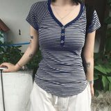 Trendy Base Simple Stripe Bump V Collar Three Buckle Short-Sleeved T-Shirt Top 2025
