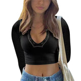 Y2K Women Vintage Harajuku Tees Shirts Long Sleeve Crop Tops V Neck T-shirts Fairy Grunge 90s E Girl Streetwear