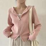 Vintage Knitted Hooded Zip Up Cardigan-Outfit