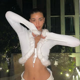 Zingj SUCHCUTE 2023 Streetwear Fashion Woman Cardigan Sweaters With Fur Trim Collar Korean Style Casual Female Cropped Sweater Knitted 1215-1-Outfit
