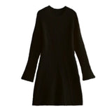 And Autumn New Women's Temperament Pure Color Familiar Round Collar Knitted Long-Sleeved Dress