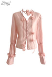 Women's Pink Blouse Shirt Long Sleeve Tops 2023 Korean Fashion Shirt Y2k Loose V-Neck Floral Shirt Ladies Chic Elegant