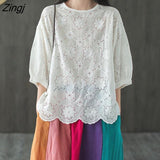 Women Hollow Out Blouse Fashion Shirts Ladies O-Neck Solid Casual Blouse All Match Short Sleeve Shirt Cotton Linen