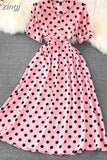 Women Polka Dot Midi Dress Vintage V-Neck Single Breasted Short Sleeve A-Line Vestidos Female Elegant New Fashion