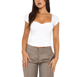 Summer New French Retro Wide Shoulder Banded Chest Folds Short-Sleeved Women Wear Ins Tide