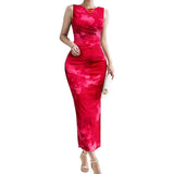 Spring Summer New Women's Temperament Elegant Sleeveless Open Forked Waist Sexy Printed Fashion