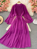 Purple/Orange/Red Draped Long Dress Boho Round Neck Flying Sleeve High Waist Elegant Vacation Beach Robe Bohemian