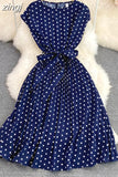Vintage Polka Dot Pleated Dress Women Red/Green/Black Draped Knee Length Vestidos Female Elegant Robe New