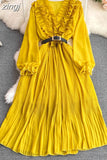 Vintage Women Pleated Long Dress Red/Purple/Yellow V-Neck Ruffle Puff Sleeve Draped A-Line Vestidos Female New
