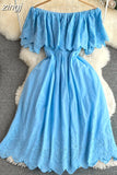 Women Sexy Slash Neck Off Shoulder Vacation Beach Dress Female Elegant Hollow Out Short Sleeve A-Line Mini Robe 2023