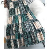 Midi Long Pleated Skirt Women 2023 Spring Summer Green Khaki Bohemian Print Elegant A Line High Waist Skirt