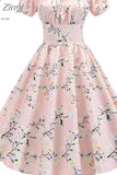 Dress Women Puff Sleeve Swing Vintage Dresses Robe Femme Elegant Floral Print Pin Up Party Dresses