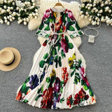 Women's Niche Elegant Dress New Hollow Nail Ball Neck-To-Celing Waist-Print Folding Long