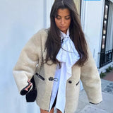 Women's Explosive Single-Row Buckle Round-Neck Fur Jacket