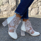 Spring And Summer New Lace Flower Mesh Women Cool Boots Crystal High Heel Head Hollow Roman
