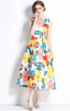 Retro Round Neckless Position Printing Dress Women's Summer Waist Thin Temperament Waist Swing Vest