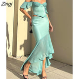 Satin Sexy Strapless Women Two Piece Sets Green Backless Top See Through Skirt Femme Autumn Slim Elegant Party Skirt