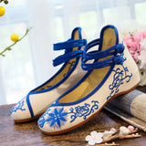 Zingj Heel Single Shoes Blue And White Porcelain Shallow Mouth Beef Tendon Bottom Embroidered Cloth Women's Shoes Mother Shoes