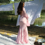 Pink Long Sleeve Ruffle Flare Maxi Dress-Outfit