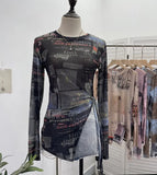 Tie-Dye-Print Net Yarn Jersey Long-Sleeved Top Irregularly T-Shirt With Thin Short T-Shirt