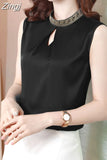 Summer Women's Shirt Chiffon Blouses for Women Sleeveless Solid Shirt Chinese Stand Neck Blouse Female Embroiderey