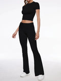Short Sleeve Cropped Top Fold-over Flare Pants Set- Outfit
