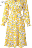 Women Vintage Floral Print A-Line Party Dress Spring Summer Elegant Long Sleeve Elastic Waist Chiffon Boho Beach Sundress