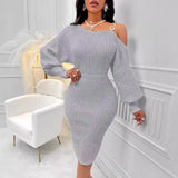 Hot Selling Single Shoulder Lantern Sleeve Solid Color Collect Purse Hip Dress Sexy Wind Women's