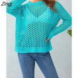 Women Round Neck Long Sleeve Solid Color Casual Sweater Hollow-out Loose Knitwear Jumper Tops