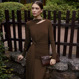Autumn New Fashion French Temperament To Close The Waist Folds Irregular Long-Sleeved Dress